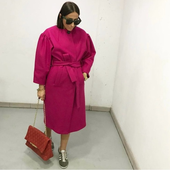 Zara puff sleeve wool blend belted coat fuchsia pink - Picture 14 of 15
